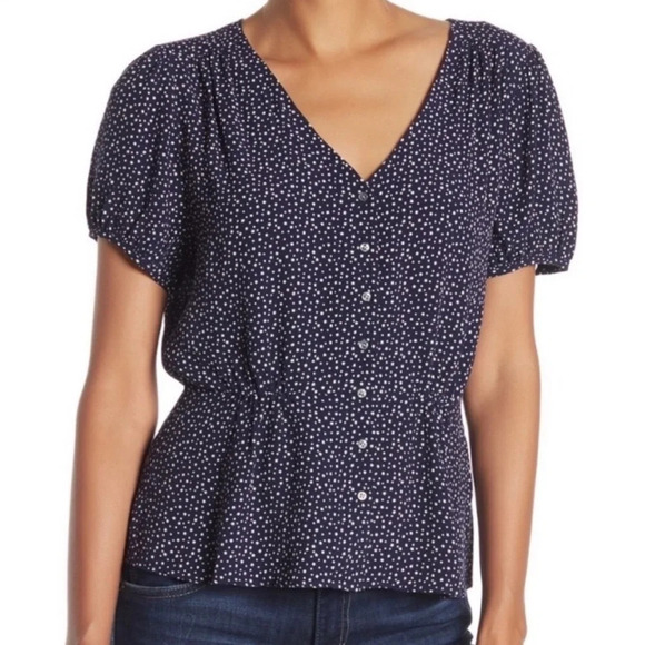 J. Crew Navy Blue White Star Print Peplum Button Front Top Size 00 - Picture 1 of 11